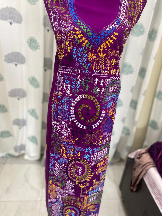 Deep Wine - Bengal Kantha Embroidery Cotton Kurta Material - (2.7m) 43