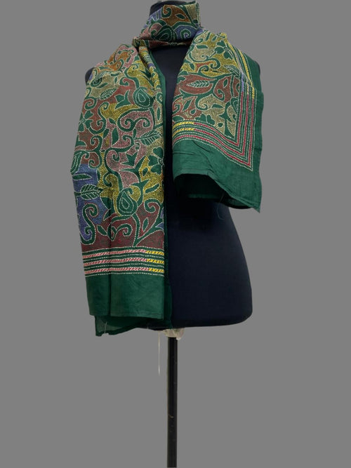 Green  - Bengal Kantha Embroidery Handloom Tussar Silk Stole
