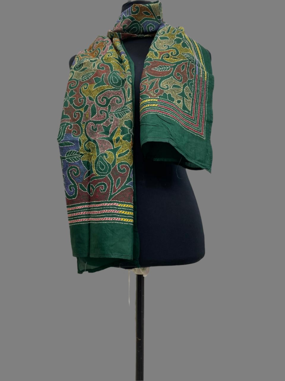 Green - Bengal Kantha Embroidery Handloom Tussar Silk Stole