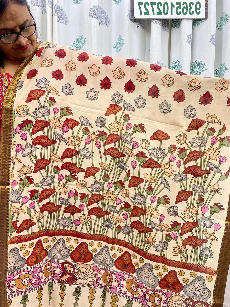 Beige   - Chennuri Silk Srikalahasti Handpainted Pen Kalamkari Dupatta 10