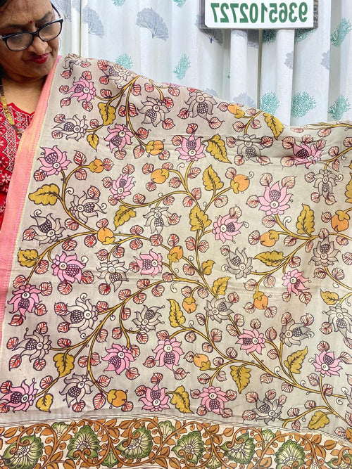 Sand Brown  - Chennuri Silk Srikalahasti Handpainted Pen Kalamkari Dupatta 9
