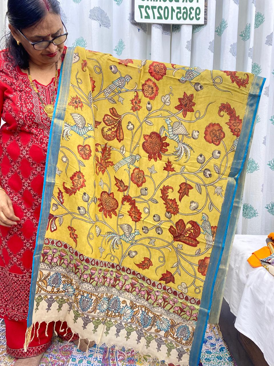 Yellow - Chennuri Silk Srikalahasti Handpainted Pen Kalamkari Dupatta 7