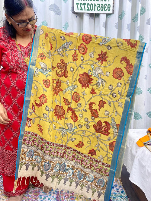 Yellow - Chennuri Silk Srikalahasti Handpainted Pen Kalamkari Dupatta 7