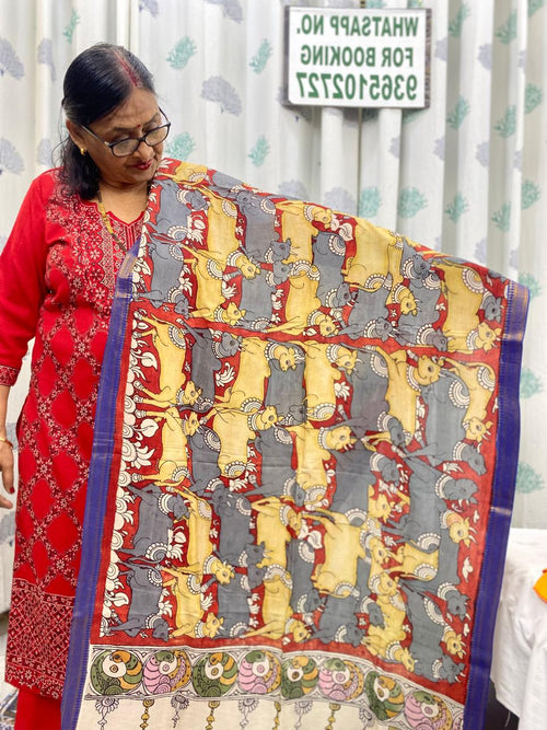 Yellow - Chennuri Silk Srikalahasti Handpainted Pen Kalamkari Dupatta 5
