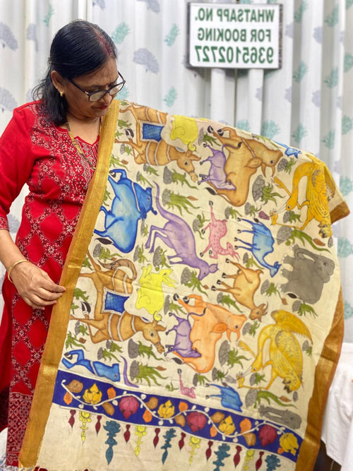 Beige - Chennuri Silk Srikalahasti Handpainted Pen Kalamkari Dupatta 6