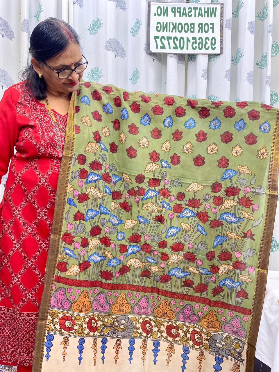Mint Green- Chennuri Silk Srikalahasti Handpainted Pen Kalamkari Dupatta 4