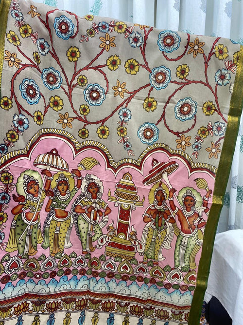 Grey - Chennuri Silk Srikalahasti Handpainted Pen Kalamkari Dupatta 2