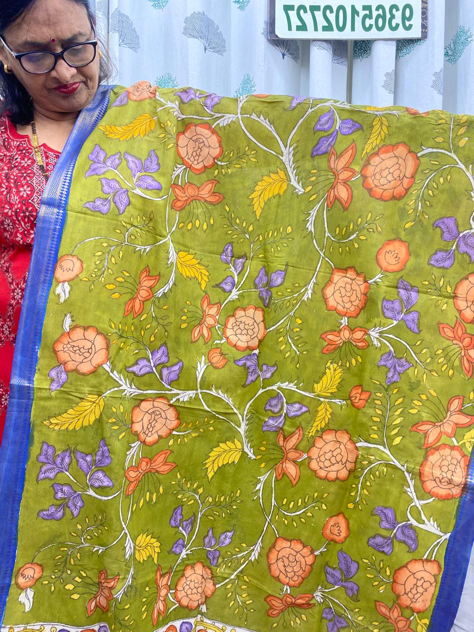 Mehnadi green   - Chennuri Silk Srikalahasti Handpainted Pen Kalamkari Dupatta 11