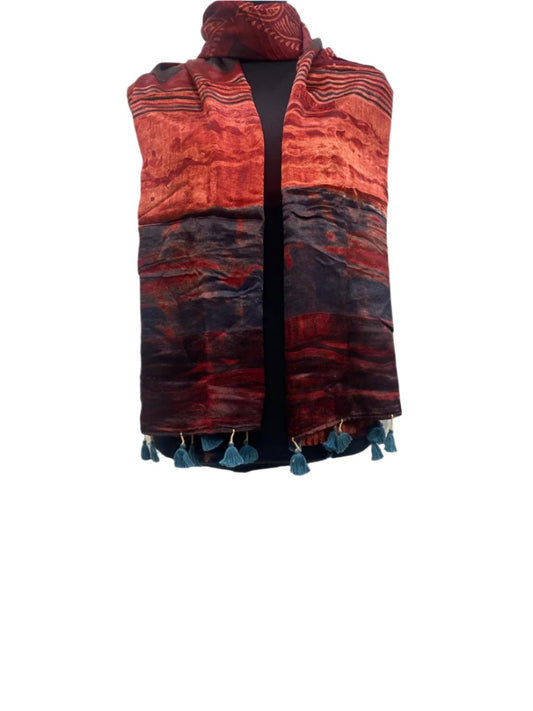 Red - Hand block Mashru Silk Ajrakh Stole 01