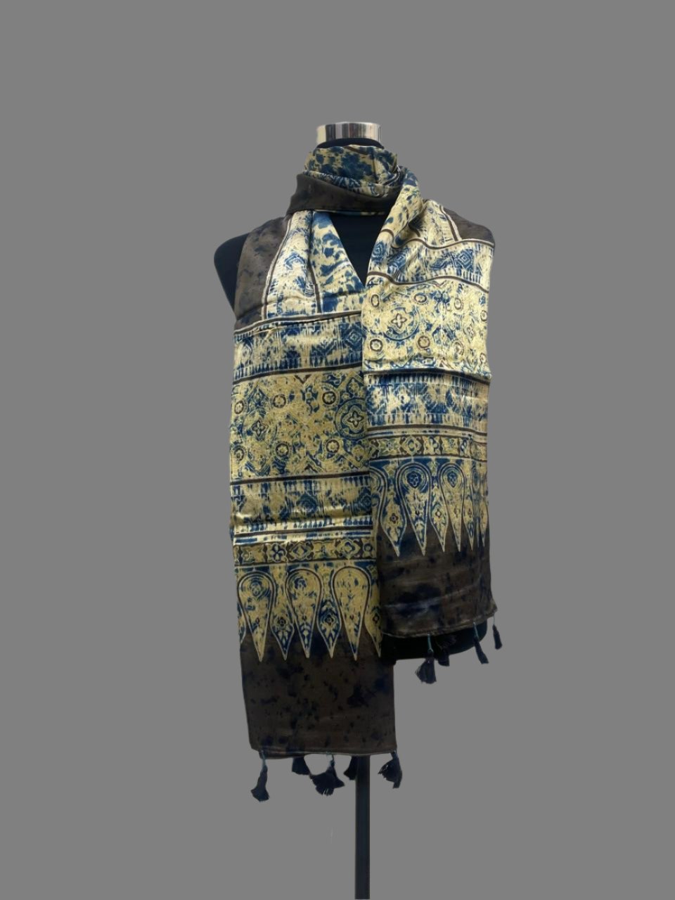 Beige Hand block Mashru Silk Ajrakh Stole 12