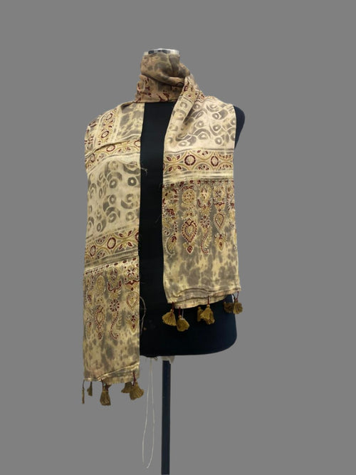 Ivory - Ajrakh Block Printed Modal Silk Stole with Tassels 2