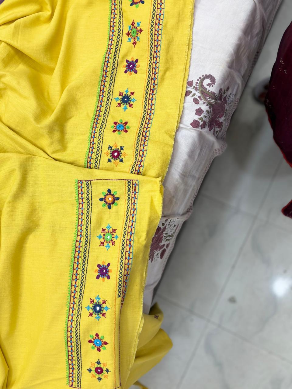 Elegant handwoven Khadi Handcrafted lambani embroidered kurti fabric Mango Yellow -02