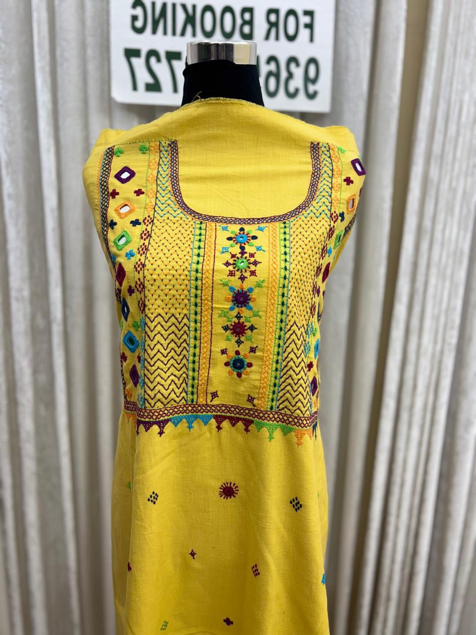 Elegant handwoven Khadi Handcrafted lambani embroidered kurti fabric Mango Yellow -02