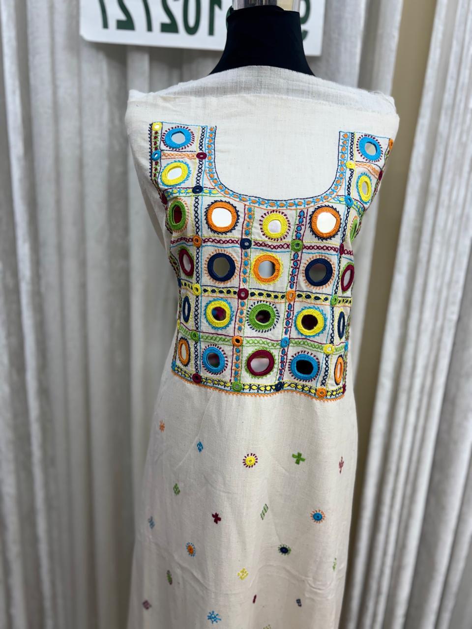 Elegant handwoven Khadi Handcrafted lambani embroidered kurti fabric Off White -05