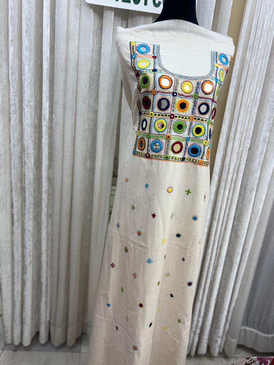 Elegant handwoven Khadi Handcrafted lambani embroidered kurti fabric Off White -05