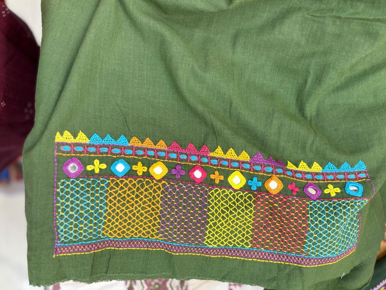 Elegant handwoven Khadi Handcrafted lambani embroidered kurti fabric chutney green - 11