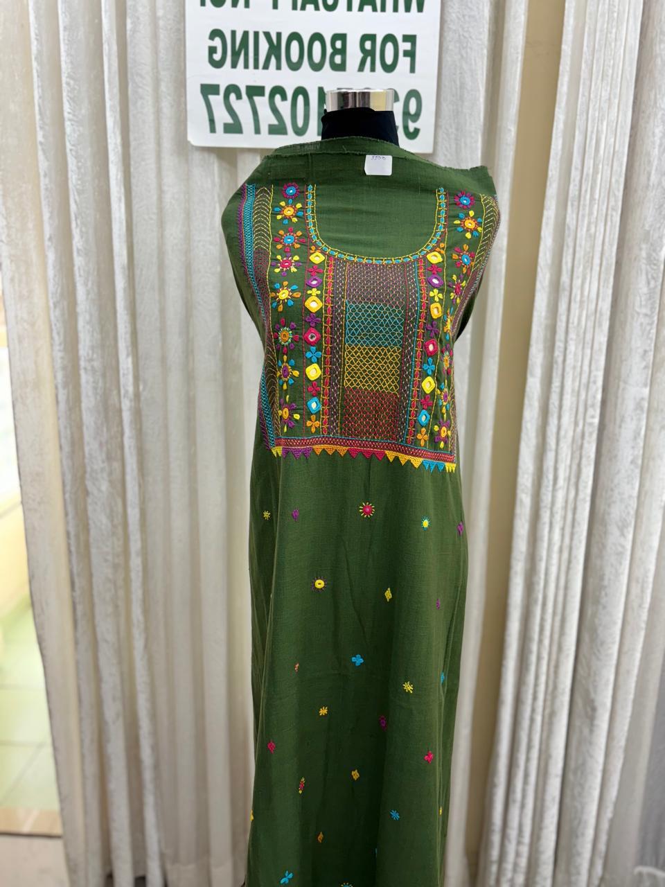 Elegant handwoven Khadi Handcrafted lambani embroidered kurti fabric chutney green - 11
