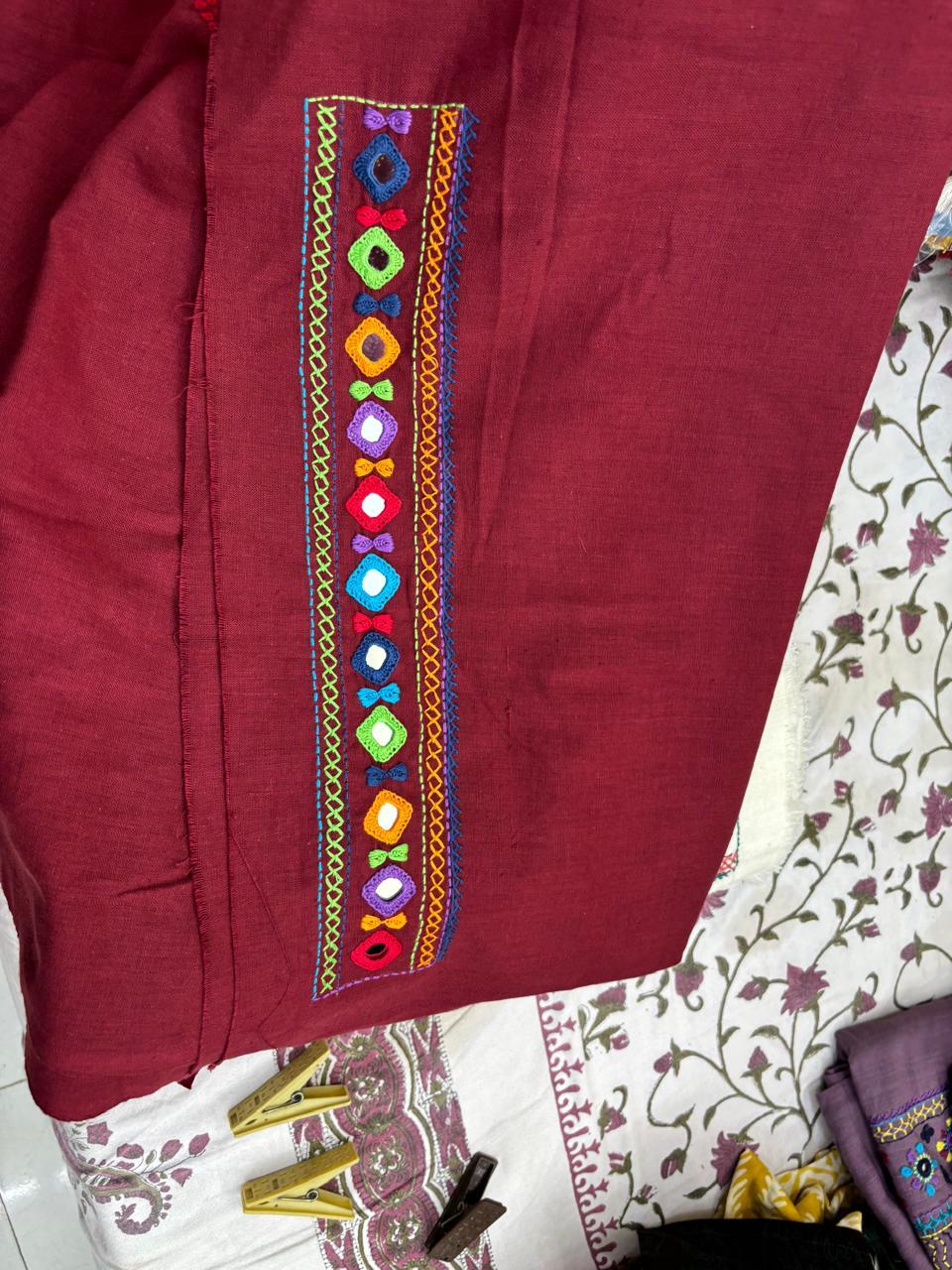 Elegant handwoven Khadi Handcrafted lambani embroidered kurti fabric Dark plum -09