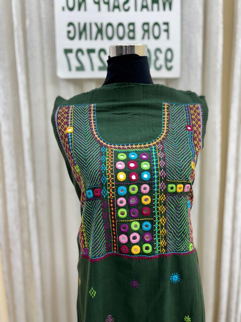 Elegant handwoven Khadi Handcrafted lambani embroidered kurti fabric fresh green - 12
