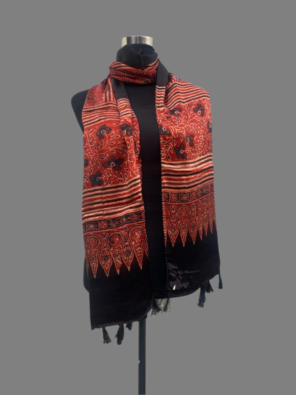 Red Hand block Mashru Silk Ajrakh Stole 10