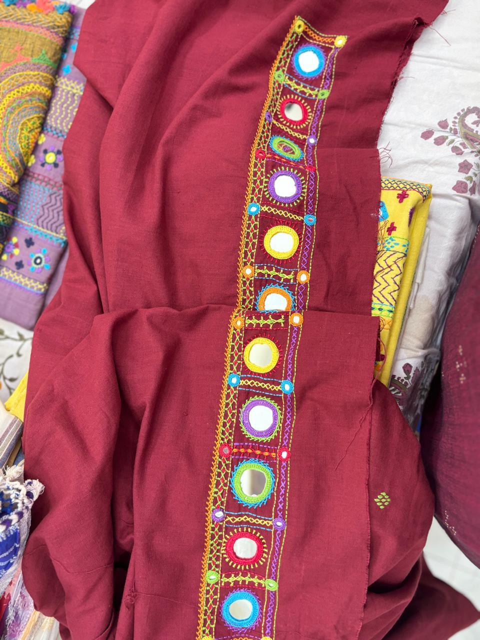 Elegant handwoven Khadi Handcrafted lambani embroidered kurti fabric Dark plum -08