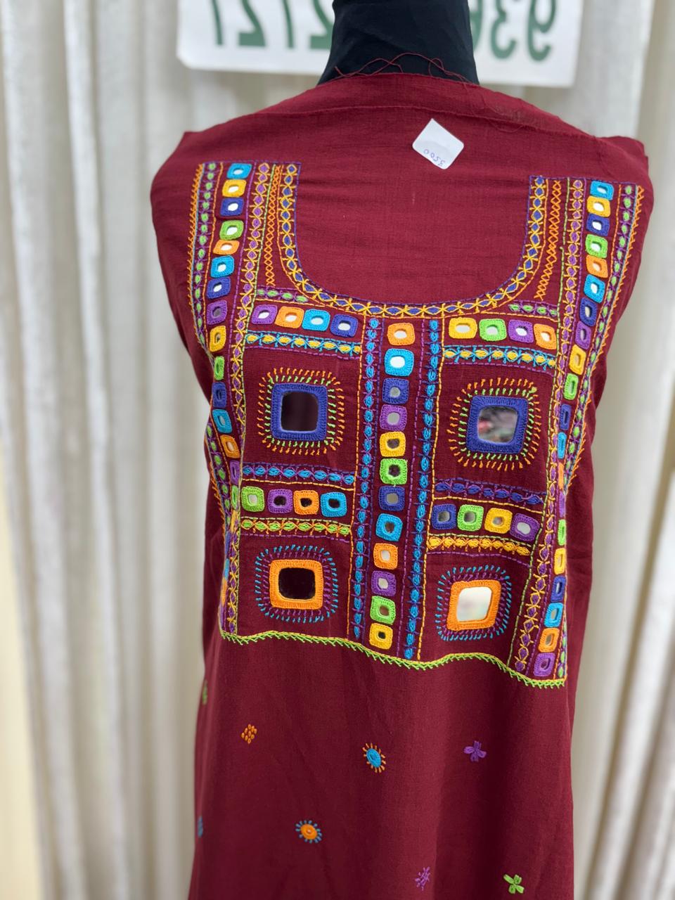 Elegant handwoven Khadi Handcrafted lambani embroidered kurti fabric Dark plum -07