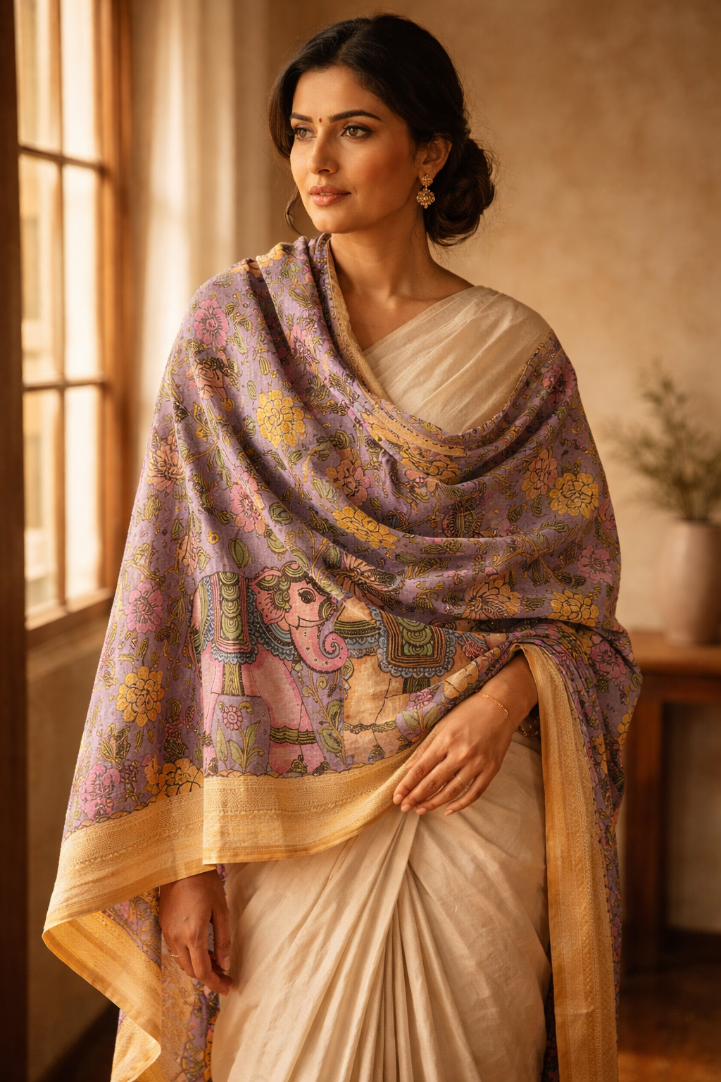 Bangalore Silk Srikalahasti Handpainted Pen Kalamkari Dupatta