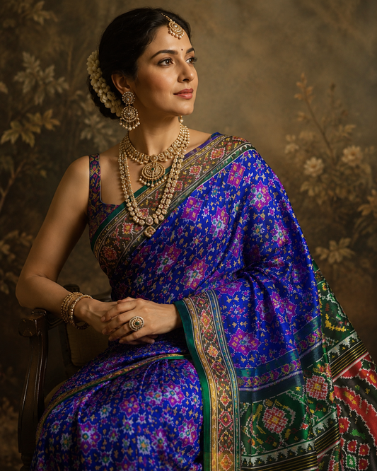 Pure mulberry silk patan Patola single ikkat saree Royal Blue