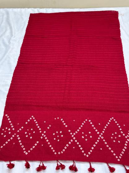 RED - KUTCH MIRROR WORK HANDWOVEN BANDHANI MERINO STOLE