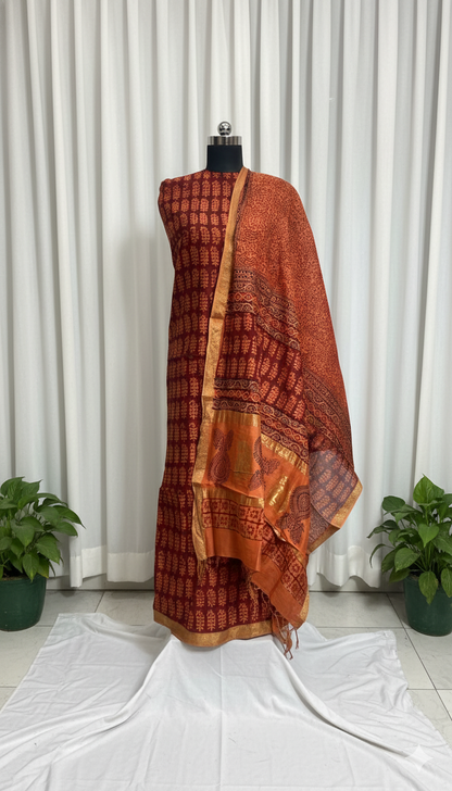 Red orange :3pc Chanderi Silk Bagh handblock Dress Material