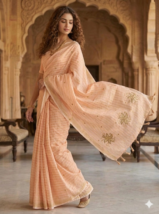 HANDLOOM MAHESHWARI SILK TISSUE ZARI STRIPES SAREE WITH ZARDOSI WORK