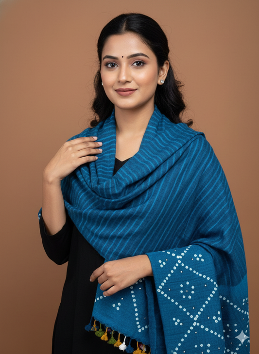 BLUE- KUTCH MIRROR WORK HANDWOVEN BANDHANI MERINO STOLE