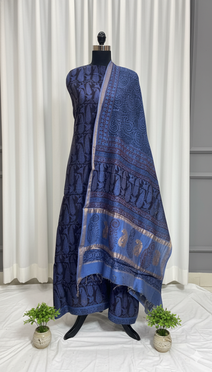 Blue - 3pc Chanderi Silk Bagh handblock Dress Material