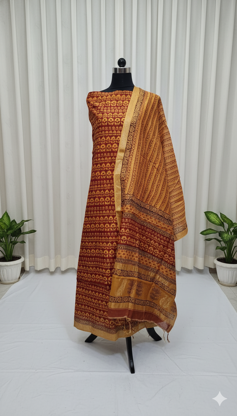 Yellow - 3pc Chanderi Silk Bagh handblock Dress Material