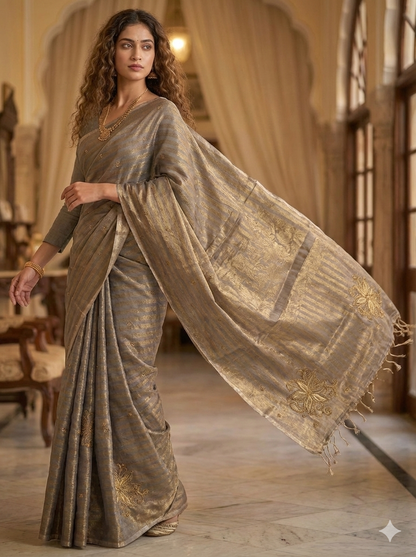 HANDLOOM MAHESHWARI SILK TISSUE ZARI STRIPES SAREE WITH ZARDOSI WORK