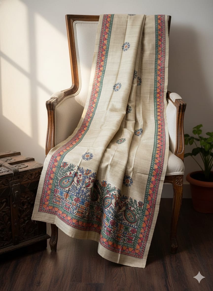 Handwoven Tussar Hand Painted Madhubani Dupatta