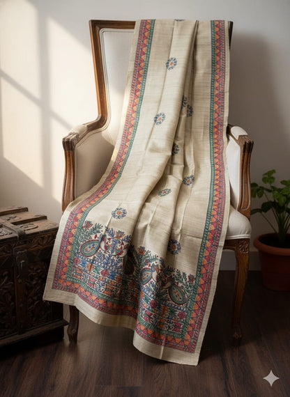 Handwoven Tussar Hand Painted Madhubani Dupatta