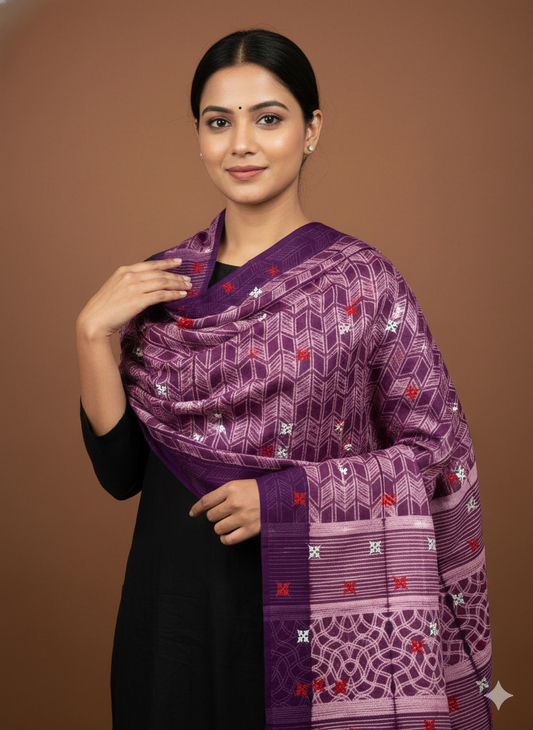 Purple pure mul cotton Tie & Dye Stole with sindhi embroidery
