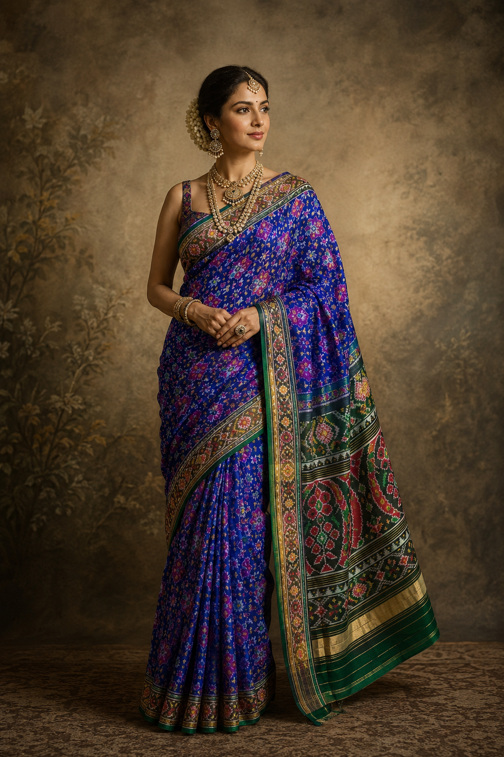 Pure mulberry silk patan Patola single ikkat saree Royal Blue