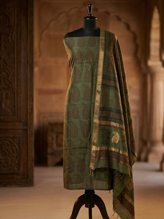 Mehndi green - 3pc Maheshwari Silk Bagh handblock Dress Material