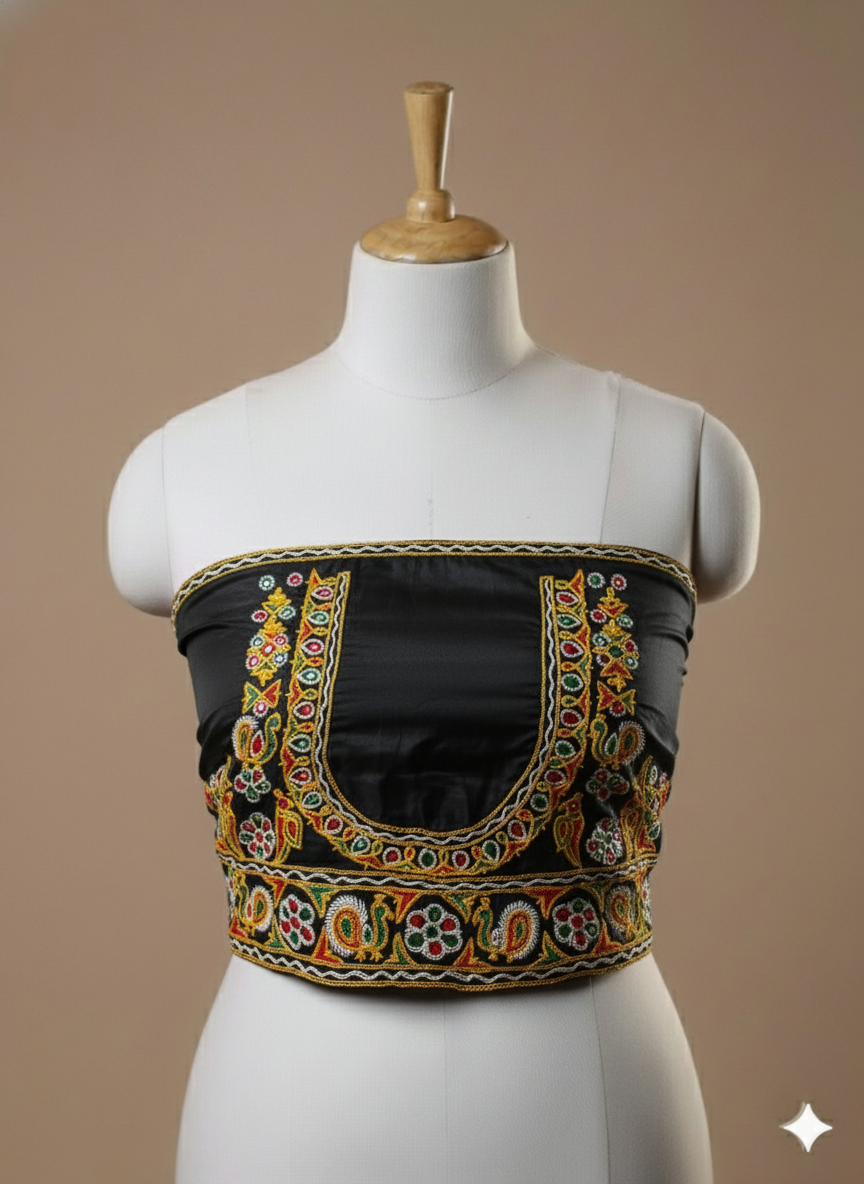 AHIR HAND EMBROIDERY KUTCH MIRROR WORK MASHRU SILK BLOUSE PIECE