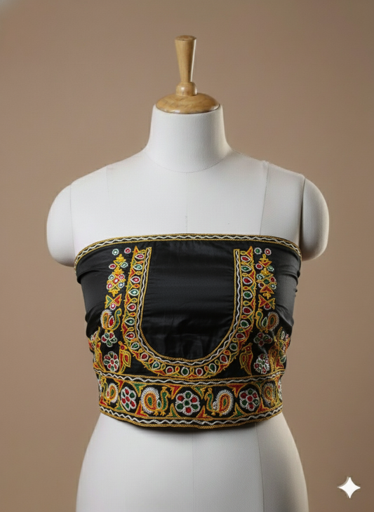 AHIR HAND EMBROIDERY KUTCH MIRROR WORK MASHRU SILK BLOUSE PIECE