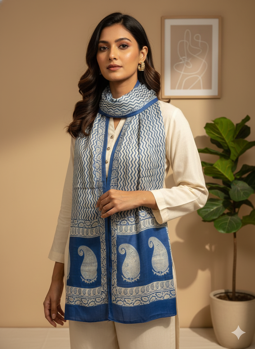 Blue - Bagh Hand Block Modal Silk  Stole 5