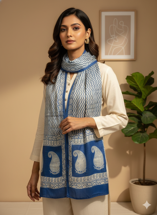 Blue - Bagh Hand Block Modal Silk  Stole 5