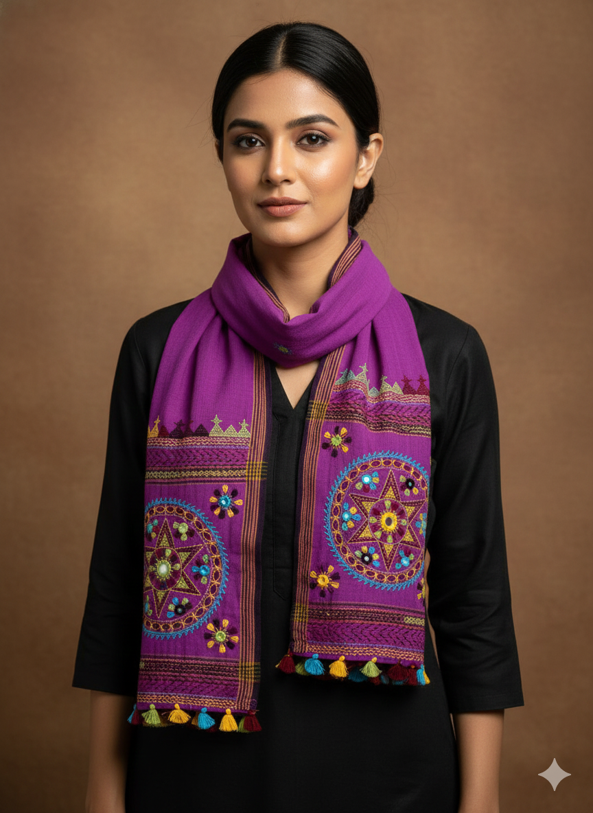 Wine - Handcrafted Lambani Khadi Cotton Stole with Multicolor Embroidery and Mirror Work