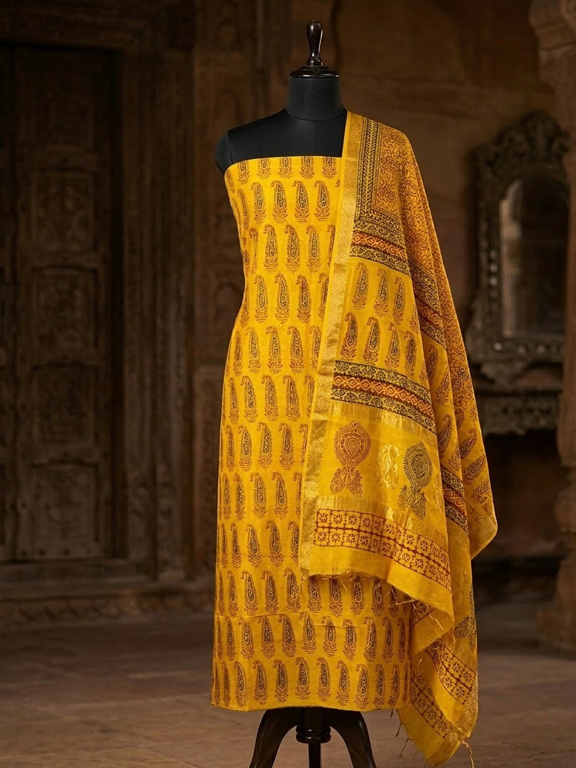 Yellow :3pc Maheshwari Silk Bagh handblock Dress Material