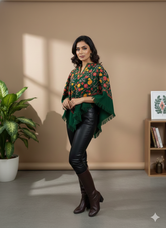 Kashmiri Aari Embroidered Woollen Poncho – | Handcrafted Heritage