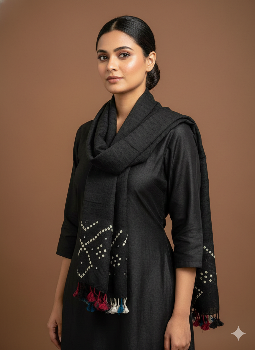 BLACK- KUTCH MIRROR WORK HANDWOVEN BANDHANI MERINO STOLE