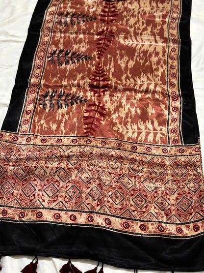 Burnt Orange Hand block Mashru Silk Ajrakh Stole 12