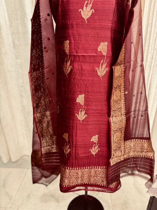 Deep wine   Handwoven Benarsi Pure Raw silk Suit set